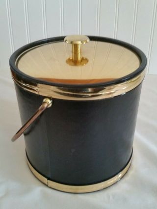 Vintage Mid Century Mod Kraftware Ice Bucket Faux Black Leather Hollywood Gold 3