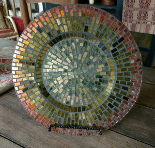 Vintage 13 " Handmade Mosaic Tile Decorative Plate Golds Brown Orange Glass