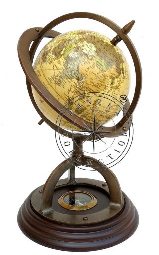 11 " Antique Brass World Map Desk Globe With Wooden Compass Base Nautical Decor