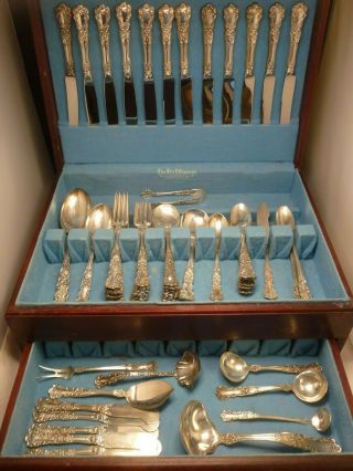 Gorham Sterling Silver “buttercup” Pattern Flatware 76 Pc Set W/ Wood Chest