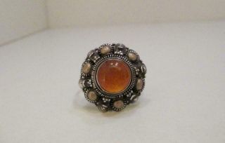 Vintage Art Deco Sterling Silver Natural Amber Dome Band Ring Size 7.  5