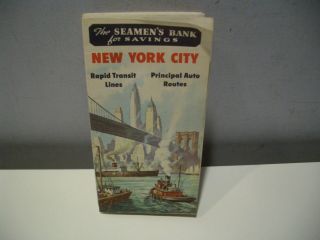 Vintage York City Seamen ' s Bank Subway Rapid Transit Lines Auto Routes Map 2