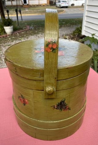 Antique Primitive Wood Firkin Sugar Bucket 4 Finger Banded 14” Cond 3