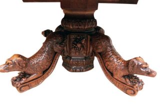 Terrific Antique French Hunt Dining Table With Carved Dogs,  Oak,  19th Century
