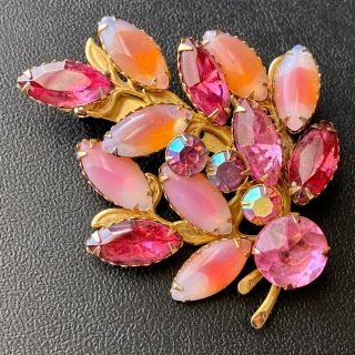 Vintage Pink Givre Glass Flower Ab Rhinestone Gold Tone Leaf Brooch Pin 951