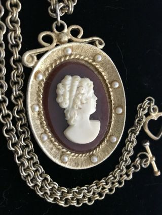 Antique Victorian Art Deco Lg Cameo 2.  5” Pendant W/ Pearls Necklace Gold Tone