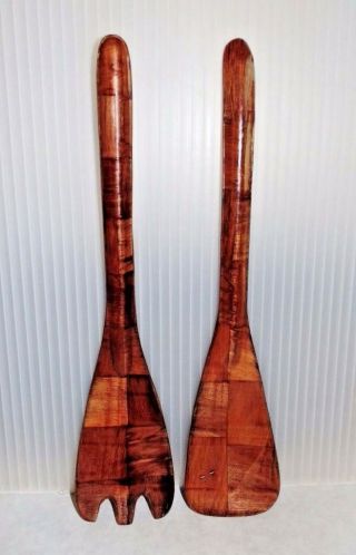 Mid Century Modern Vintage Weavewood Wood Salad Fork & Spoon Tongs B5