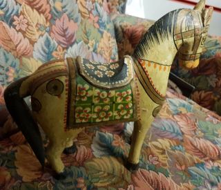 Antique Indian Carved Painted Wooden Horse Temple Toy Statue