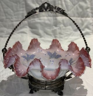 Victorian Glass Silver Plate Bridal Basket Hand Painted