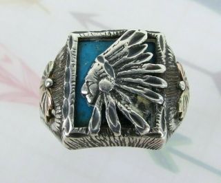 Vtg Sterling Silver Black Hills Gold Turquoise Indian Chief Southwest Ring 10.  5