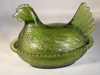 Vintage Indiana Glass Green Hen On The Nest Covered Chicken Decorator Dish