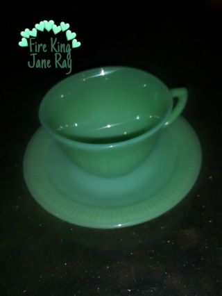 1 Vintage Fire King Jadeite Jadite Glass Jane Ray Cup & Saucer Green Mcm Jade
