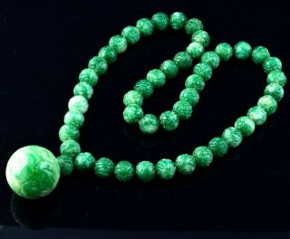 Great Antique Chinese Apple Green White Jade Jadeite Carvd Pendant Bead Necklace