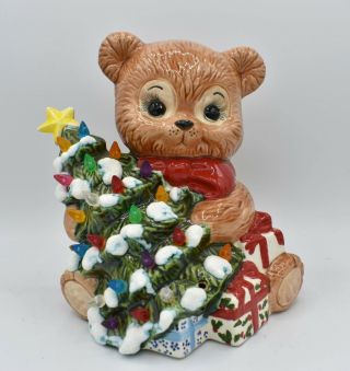 Vintage Ceramic Teddy Bear Christmas Tree Night Light Table Lamp 1989