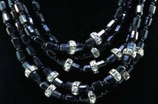 Vtg Art Deco Jet Black Glass Bead & Rhinestone Rhondelle Multi - Strand Necklace