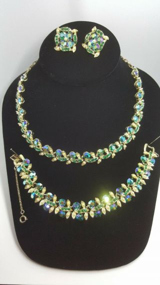Vintage Semi Parue Necklace,  Bracelet And Earrings Ab And Rhingston.  354