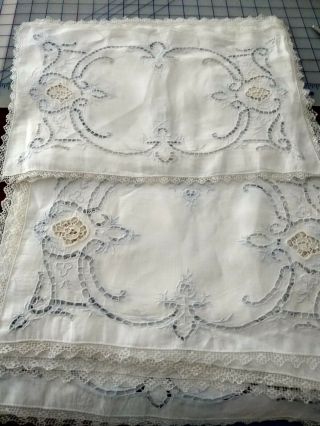 Set Of 12 Fine Linen Vintage Placemats Cutwork Light Blue Embroidery 10 X 16 "