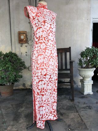 Antique 1930s White & Red Silk Chiffon Cheongsam Qipao Appliqués Dress Vintage