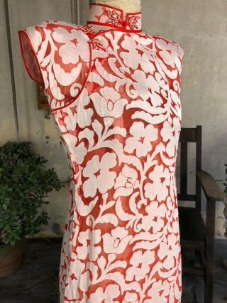 Antique 1930s White & Red Silk Chiffon Cheongsam Qipao Appliqués Dress Vintage 2