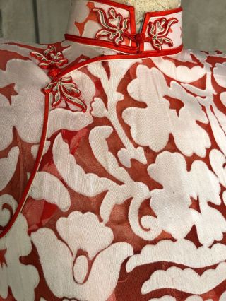 Antique 1930s White & Red Silk Chiffon Cheongsam Qipao Appliqués Dress Vintage 3