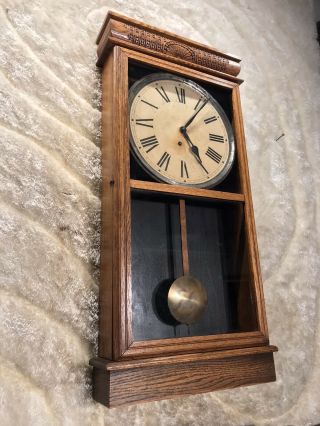 Vintage Antique E.  Ingraham Bristolct Wall Clock With Oak Case And Brass Pendulum