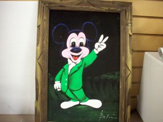 Vintage Mickey Mouse On Black Velvet Painted Picture Wooden Frame