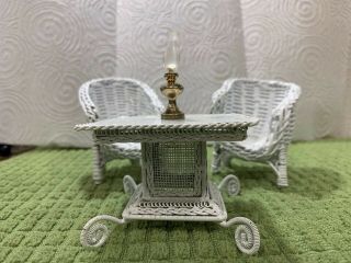 White Wicker Look Doll House Furniture Metal Vintage Patio Table And 2 Chairs