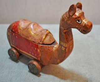 Old Vintage Painted Wooden Camel On Wheels Figurine Spice Box