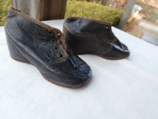 Antique Victorian Edwardian Leather Baby Infant Doll Shoes - Black Leather