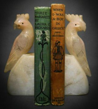 Early 20th C Vint Italian Signed Pr Polished Alabaster Cockatiel Stone Bookends