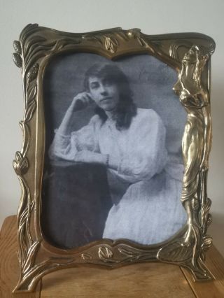 Large Art Nouveau Brass Maiden Standing Photo Frame
