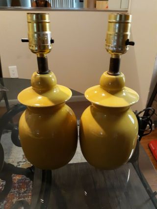 Pair Vintage Mid Century Modern Small Yellow Ceramic Table Lamps By Lefton