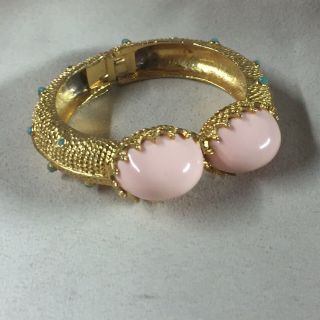 Vintage Pauline Rader Gold Tone Pink Cabochon Bangle Bracelet