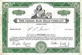 Vintage 1960 Certificate For “one Share” In The “the Lionel Rr Co –