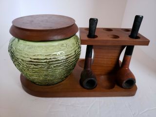 Vintage Fairfax Wooden Smoking Pipes Stand With Tobacco Jar And Two Pipes