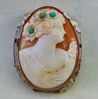 Antique Art Deco Large Carved Cameo Brooch/pendant Persian Turquoise 14k Gold