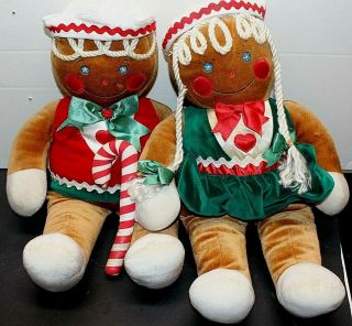 (2) Vtg 1990 Christmas Holiday Gingerbread Girl & Boy Plush Stuffed Dolls