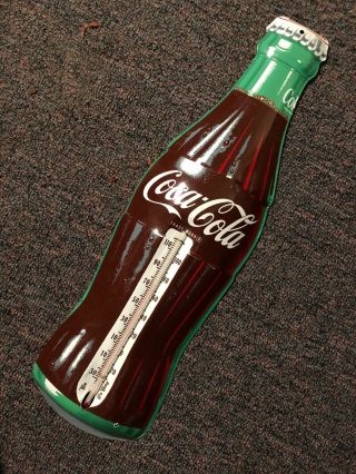 Vintage Coca - Cola Donasco Coke Bottle Embossed Tin With Glass Thermometer 17 "
