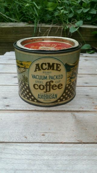 Vintage Acme Brand Vacuum Packed Coffee Tin American Stores With Lid 1 Lb