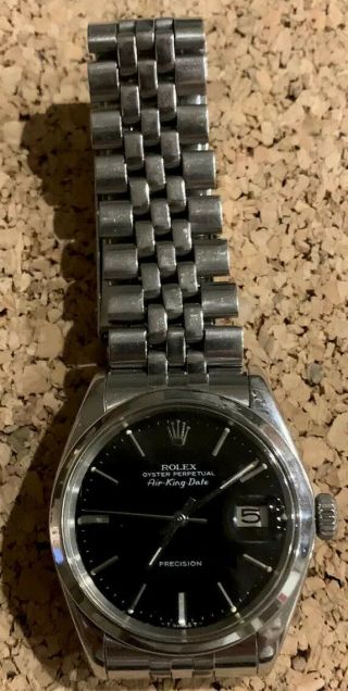 Rolex Air King Date Precision Mens Steel Automatic 34 Mm Black Watch 5700 Patina