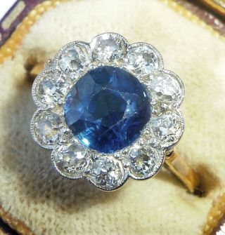 Antique Art Deco 9ct Gold,  Platinum,  Sapphire & 1.  00ct Diamond Daisy Ring