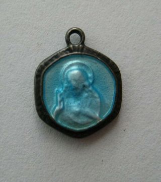 Vtg Tiny Sterling Enamel Religious Medal Jesus Virgin Mary Silver Antique Charm