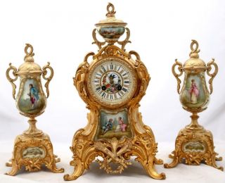Antique French Mantle Clock Gilt Metal & Sevres 3 Piece Garniature Set