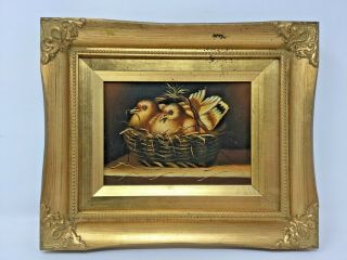 Vintage Robert Grace Oil Painting 2 Chicks In Nest Gold Glint Frame