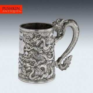 Antique 19thc Chinese Export Solid Silver Dragon Mug,  Zhun Zhao Ji C.  1880