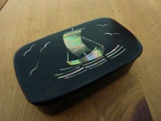 Antique Papier Mache Snuff Box With Inlaid Abelone Shell Sail - Boat,  Birds.