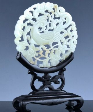 Large Antique Chinese Carved Light Celadon Jade Phoenix Bird Pendant Plaque