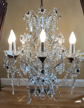 Antique French Empire Macaroni Beaded Chandelier Crystal Flower Maison Bagues 