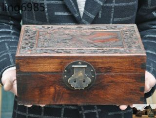 11 " Chinese Huanghuali Wood Carved Boutique Lotus Fish Storage Boxes Jewelry Box