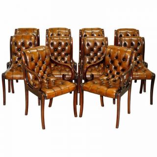 Set Of 10 Fully Restored Chesterfield Dining Chairs Whisky Brown Leather Ten Set